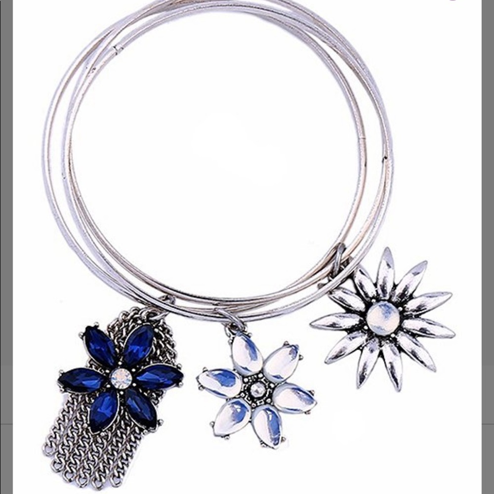 Don't Ask- Floral Charm Bangle Set-3 bracelets blue, clear crystals flowers NWT